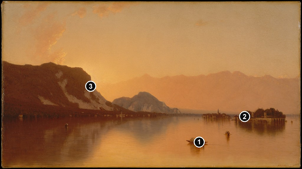 Annotated details from Isola Bella in Lago Maggiore by Sanford Robinson Gifford